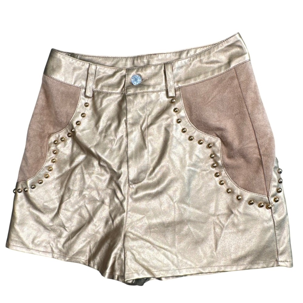 Blue B Metallic Shorts Womens S Gold Studded Y2K Festival Glam Faux Leather